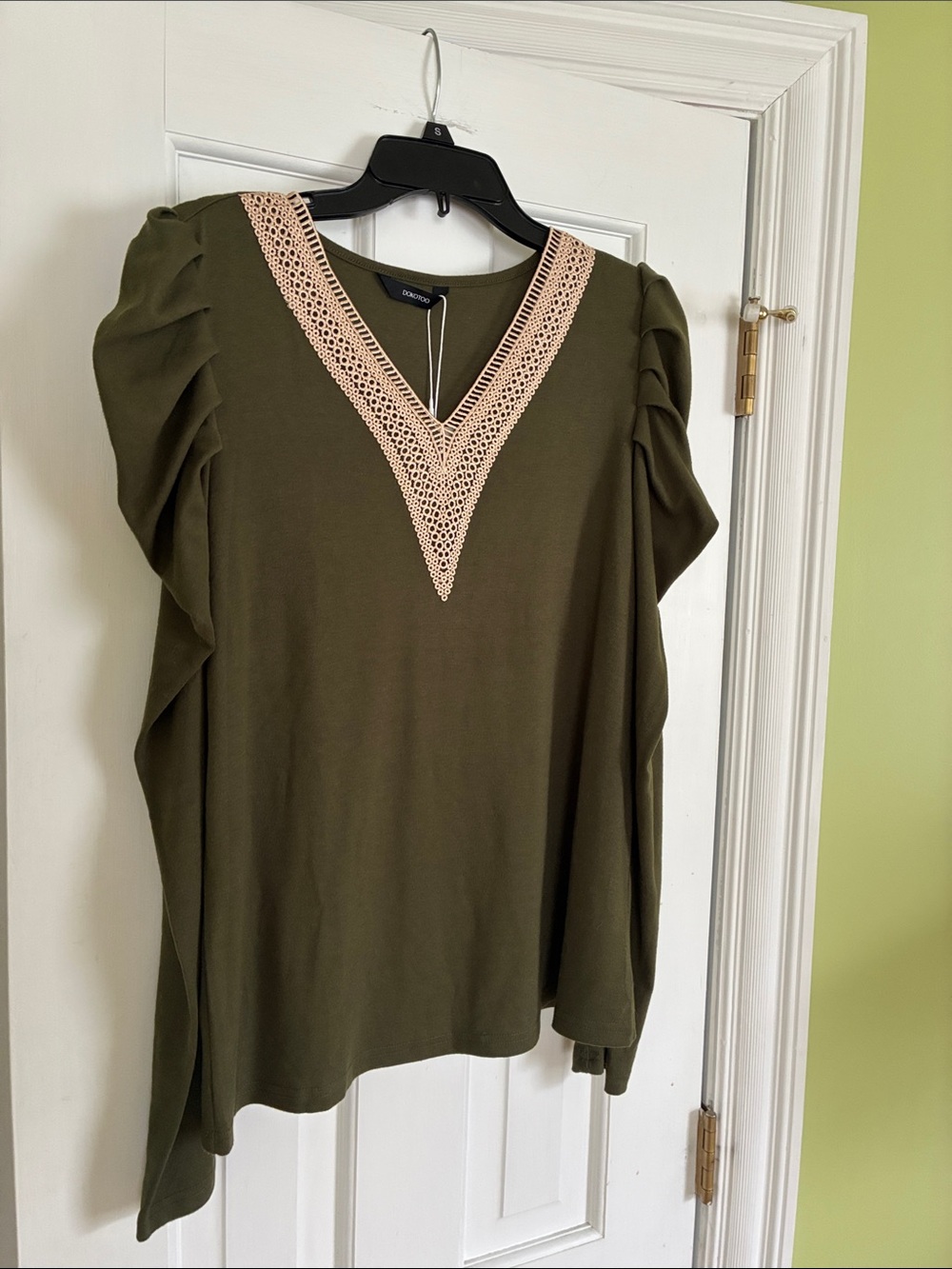 NWT Dokotoo Olive Green V-Neck Crochet Trim Women's Top